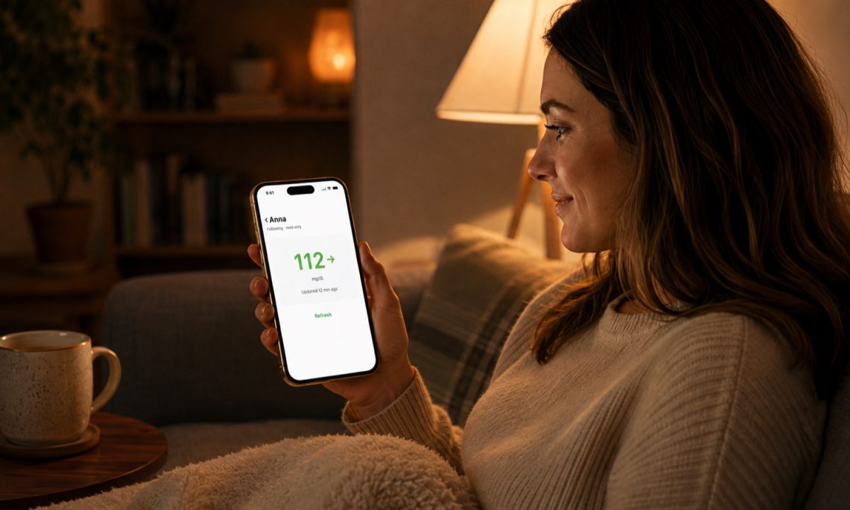 A caregiver on a sofa in the evening checking a loved one's glucose in the Sugar Sense follower view: 112 mg/dL, steady, updated 12 minutes ago