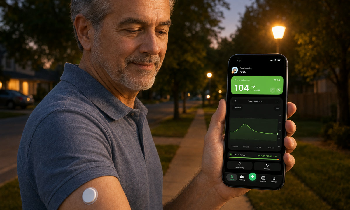 Man in his fifties with type 2 diabetes on an evening walk holding a phone with the Sugar Sense app showing 104 and a flat glucose line after dinner, a white CGM sensor on his arm