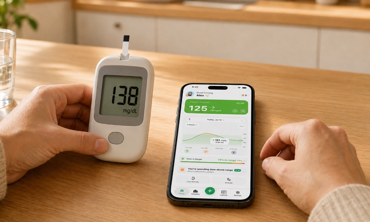 Glucose meter reading 138 next to a phone showing the Sugar Sense app at 125, a normal gap between blood and sensor readings