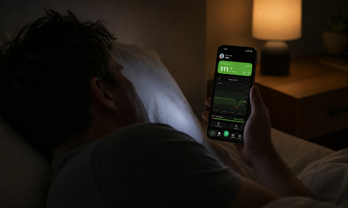 Person lying in bed at night checking the Sugar Sense app, whose graph shows the sharp V of a compression low recovering on its own at 2:47 a.m.