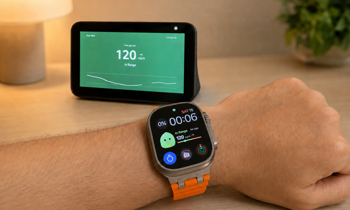 Apple Watch Ultra on a wrist showing a Sugar Sense glucose reading of 120 mg/dL in range, with an Amazon Echo Show on the desk behind displaying the same reading