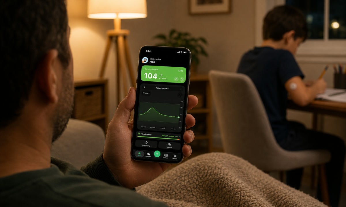 Parent on the sofa checking a child's glucose in the Sugar Sense app while the child does homework nearby with a CGM sensor on their arm