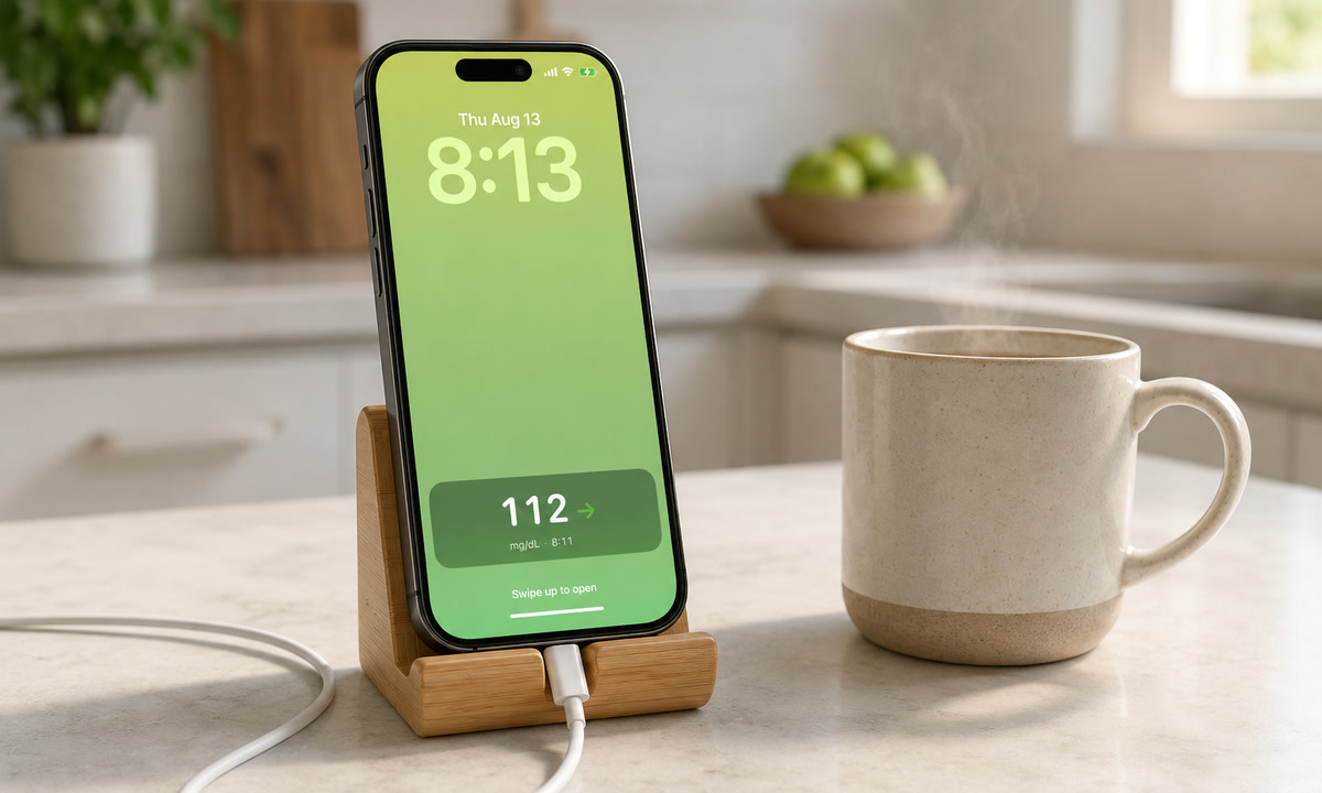 iPhone charging on a wooden stand on a kitchen counter, its lock screen showing the Sugar Sense Live Activity with a glucose reading of 112 mg/dL