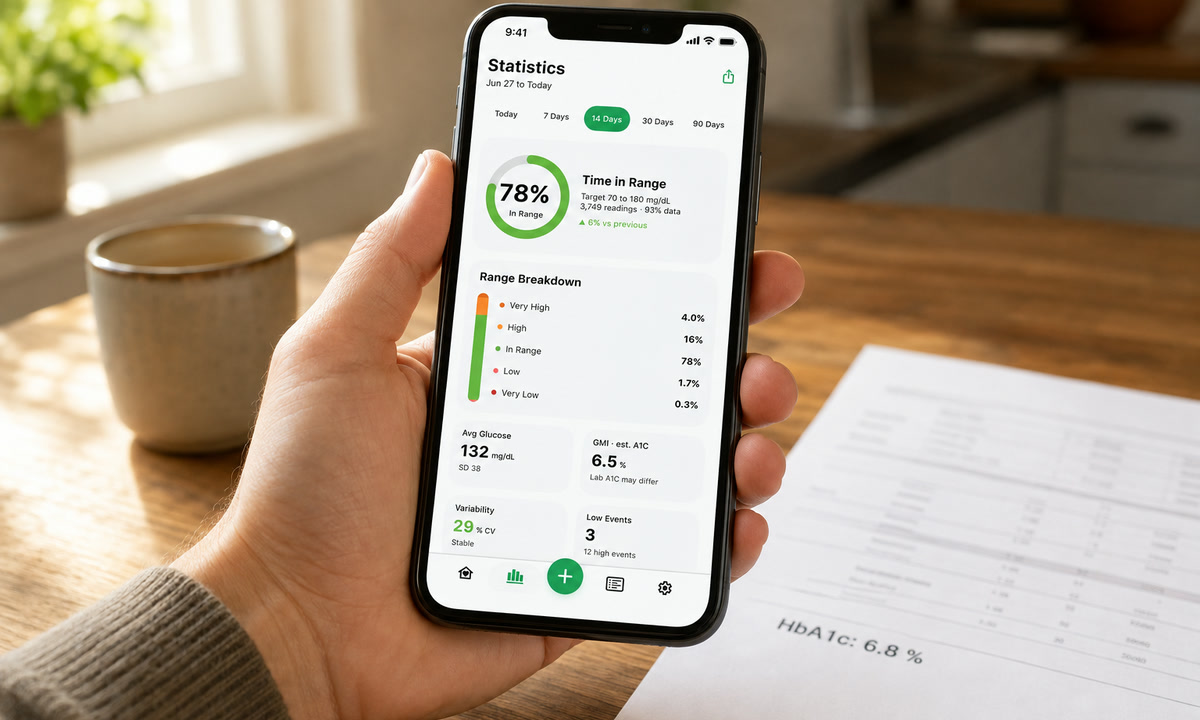 Hand holding an iPhone with the Sugar Sense Statistics screen showing 78 percent Time in Range and a GMI of 6.5 percent, next to a printed lab report reading HbA1c 6.8 percent
