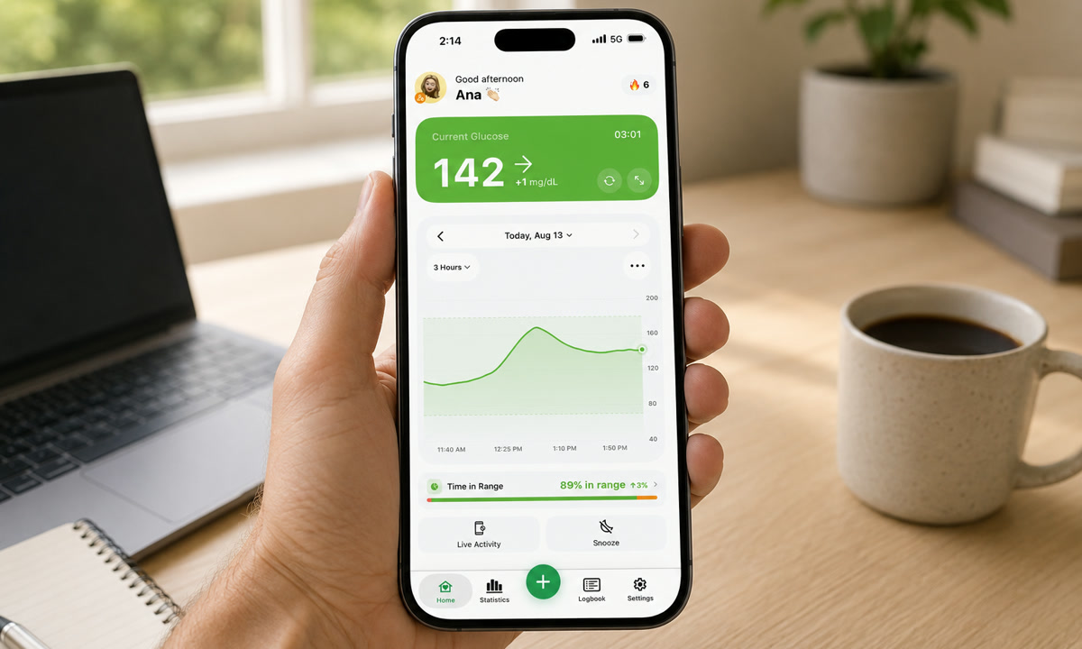 Hand holding a phone at a bright desk showing the Sugar Sense home screen with a 142 mg/dL reading, a steady trend arrow and an in-range glucose graph