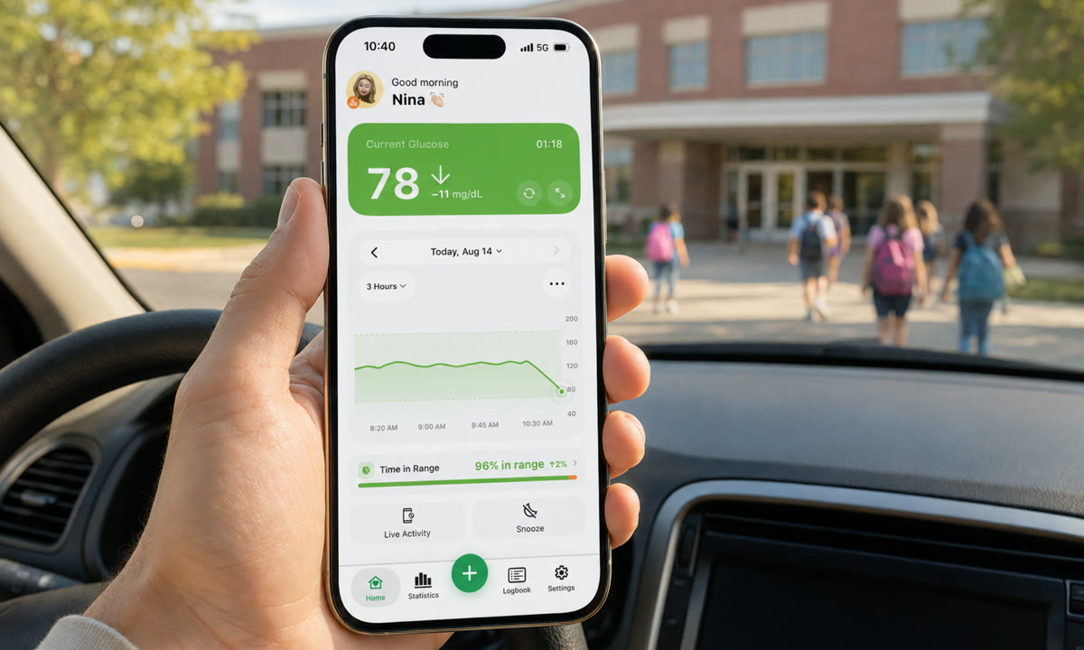 Parent in a parked car outside a school checking a child's glucose in the Sugar Sense app, the screen showing 78 falling while children with backpacks walk to the entrance
