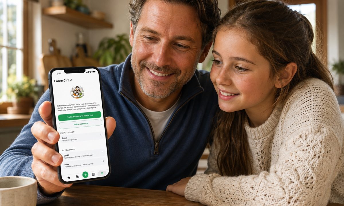 Father and daughter at a kitchen table looking at the Sugar Sense Care Circle screen for inviting family to follow glucose