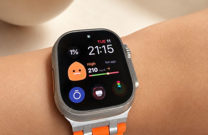 Sugar Sense glucose complication on the Modular face of an Apple Watch Ultra 2, showing 210 mg/dL with a flat arrow