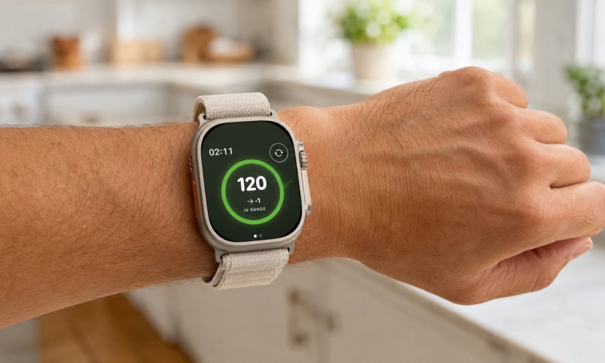Apple Watch showing blood sugar monitoring in the Sugar Sense app, 120 mg/dL in range