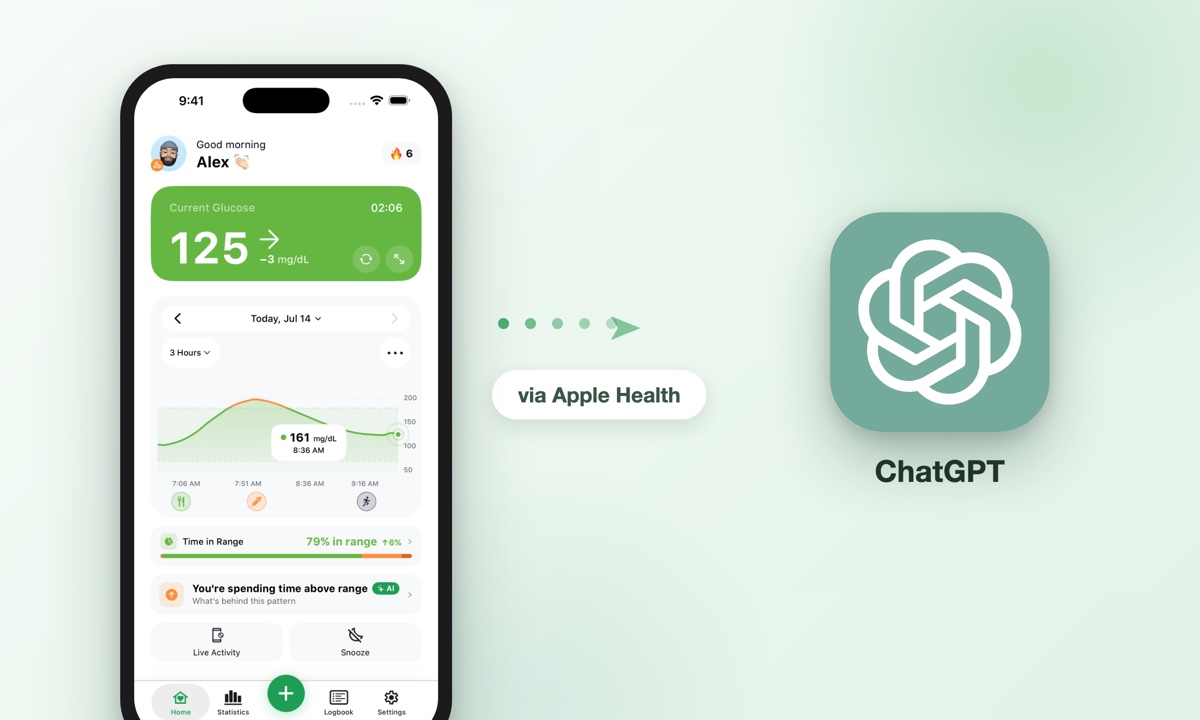 Sugar Sense app home screen on an iPhone connecting through Apple Health to ChatGPT, shown by the ChatGPT logo