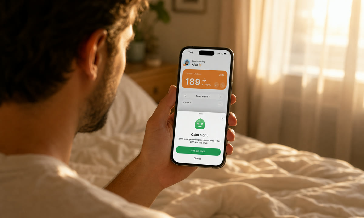 Man waking up at sunrise looking at the Sugar Sense morning report on his iPhone: a calm night recap while the current glucose reading shows 189 after a dawn phenomenon rise