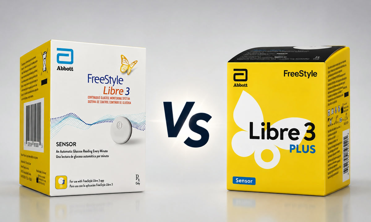 FreeStyle Libre 3 sensor box next to a FreeStyle Libre 3 Plus sensor box, compared side by side
