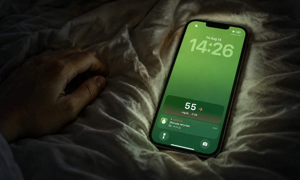 iPhone on a bed in a dark bedroom lighting up with a Sugar Sense very low glucose alert on the lock screen in silent mode, next to a sleeping person's hand