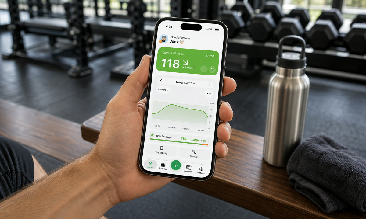 A hand holding a phone with the Sugar Sense app showing 118 mg/dL and a diagonal down trend arrow on a gym bench before a workout