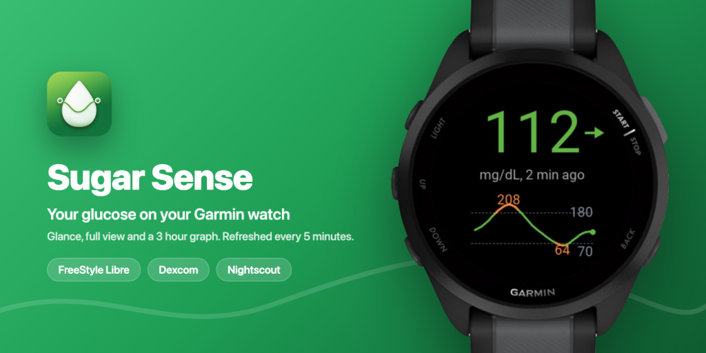 Garmin watch showing the Sugar Sense glance widget with a glucose reading of 112 mg/dL, a flat trend arrow, "2 min ago" and a 3-hour graph
