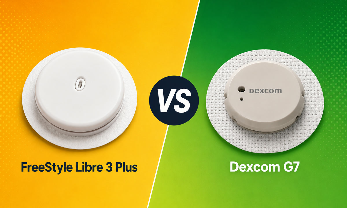 FreeStyle Libre 3 Plus sensor and Dexcom G7 sensor side by side on a split amber and green background with a VS badge