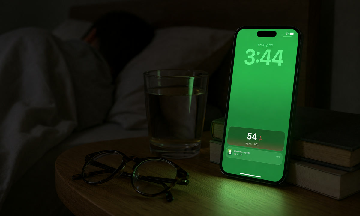 Phone on a nightstand at 3:44 a.m. lighting the room green with a Sugar Sense Live Activity showing 54 falling and a very low glucose alert while a person sleeps