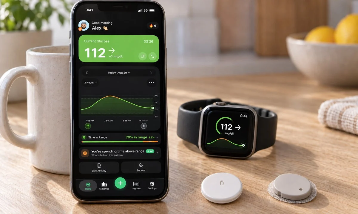 iPhone showing a CGM companion app next to an Apple Watch, with a FreeStyle Libre 3 Plus sensor and a Dexcom G7 sensor on a kitchen counter