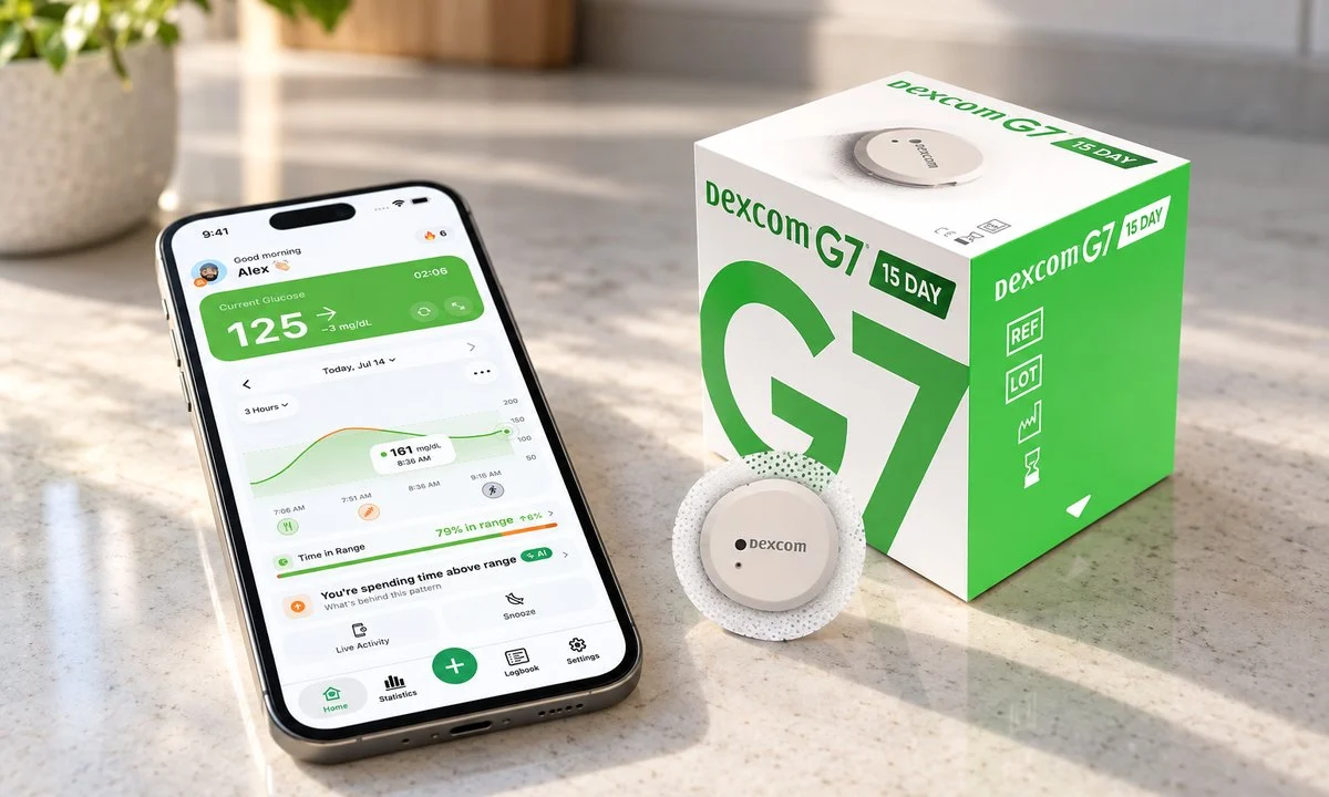 Dexcom G7 15 Day sensor box and sensor on a kitchen counter next to a phone showing the Sugar Sense app