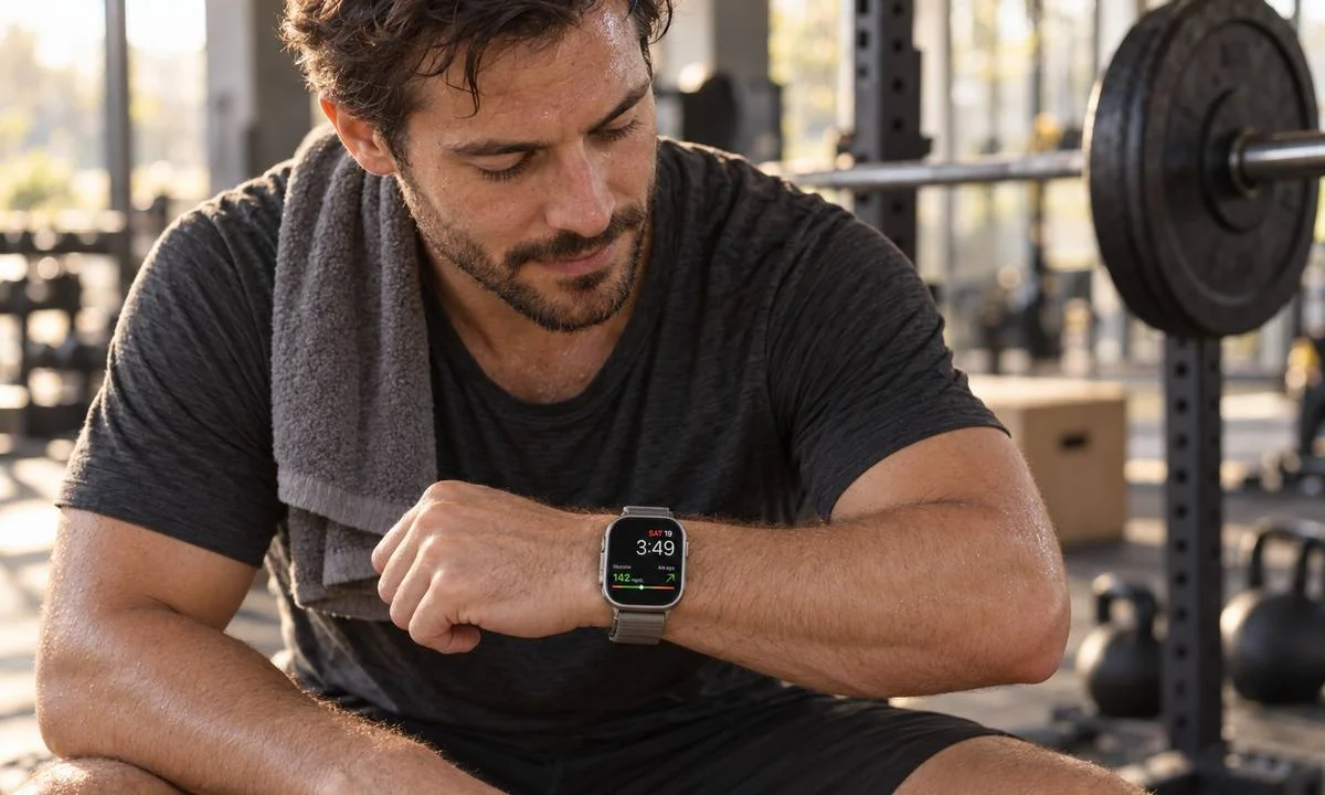 Man resting between sets in a gym looks at his Apple Watch, where the Sugar Sense complication shows glucose 142 mg/dL with a rising arrow