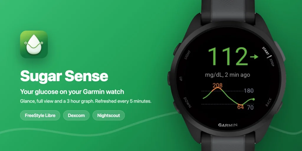 Garmin watch showing the Sugar Sense glance widget with a glucose reading of 112 mg/dL, a flat trend arrow, "2 min ago" and a 3-hour graph