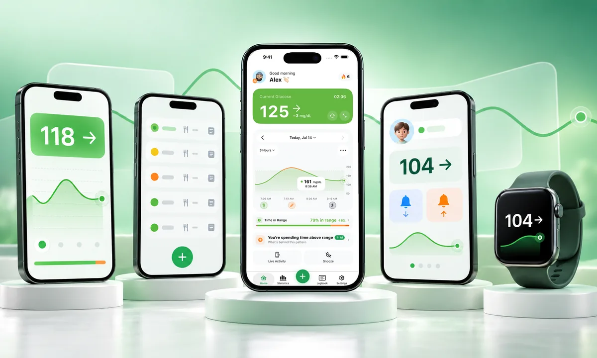 Three kinds of blood sugar app on five phones: a sensor app, a manual logbook, the Sugar Sense home screen in the middle, a family follower app and a smartwatch